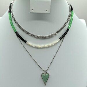 NWT Christian Siriano Triple Strand Silver Necklace with Beads and Dangle Heart